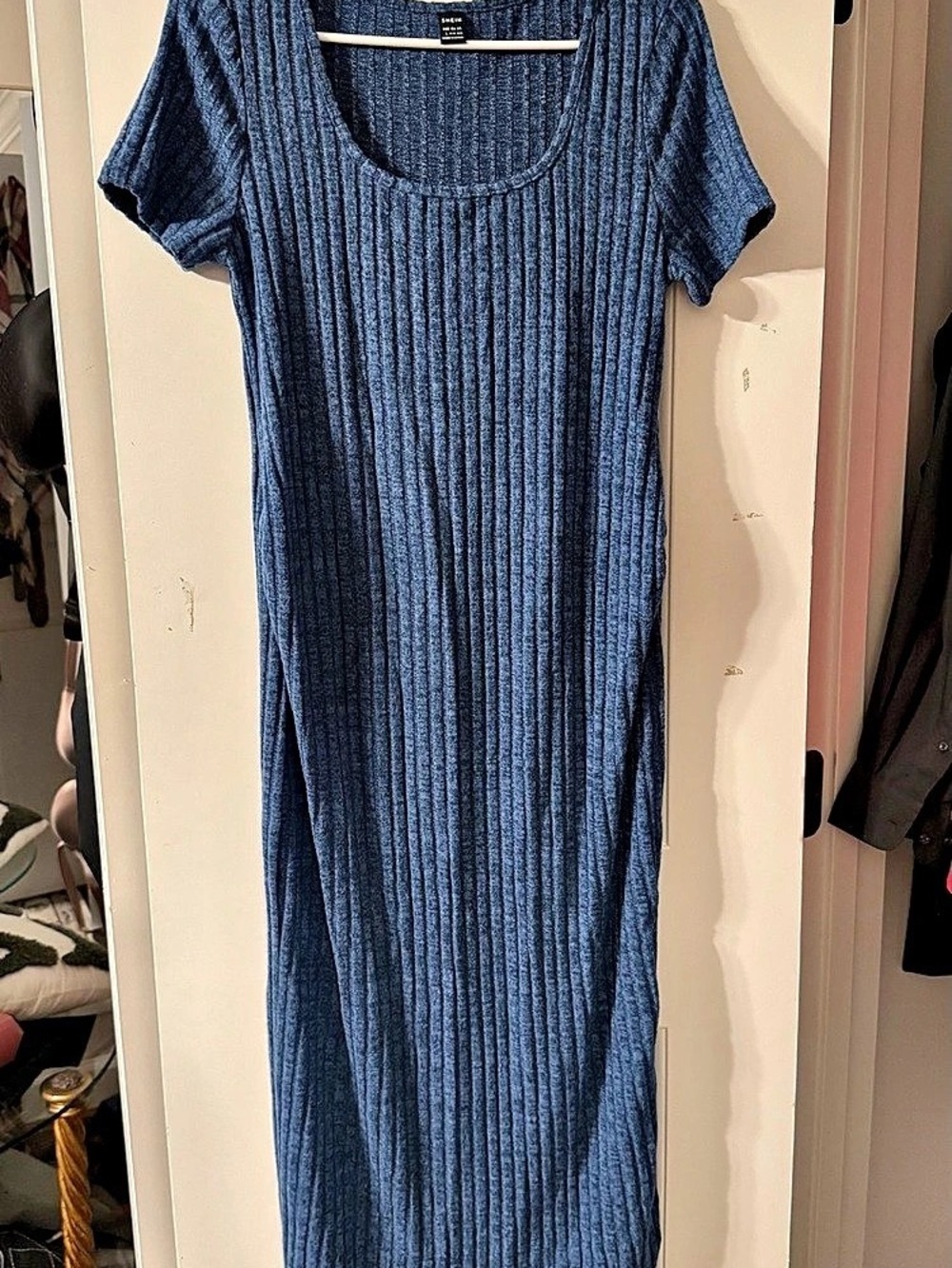 Maternity- SHEIN Ribbed Scoop Neck Short Sleeve Midi Dress Blue Large